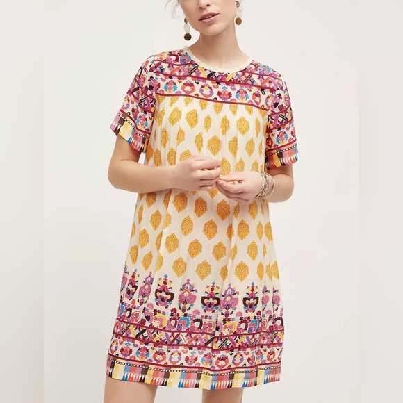 Anthropologie TANVI KEDIA S Caltha Swing DressYellow Red Beaded Boho - Picture 2 of 11